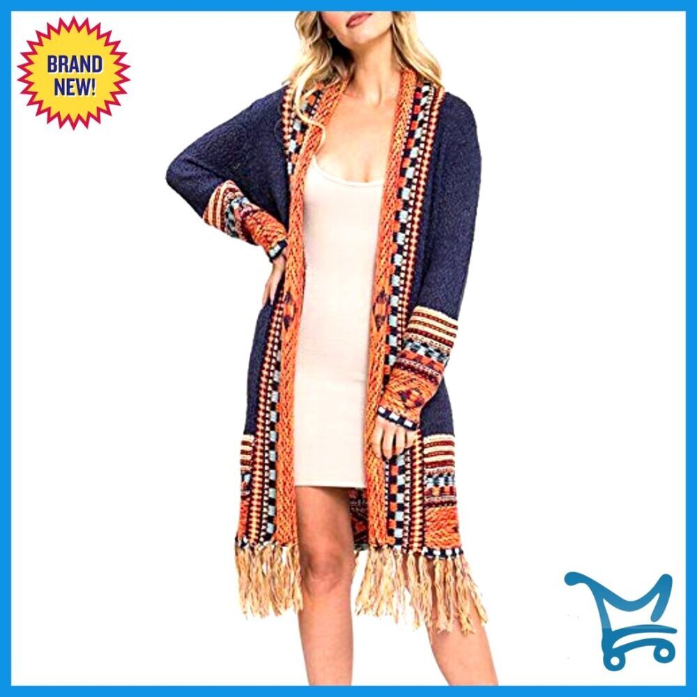 Oversized Boho Cardigan Sweater Long Open Front Tassel Fringe Knit Aztec Tribal - Picture 2 of 6